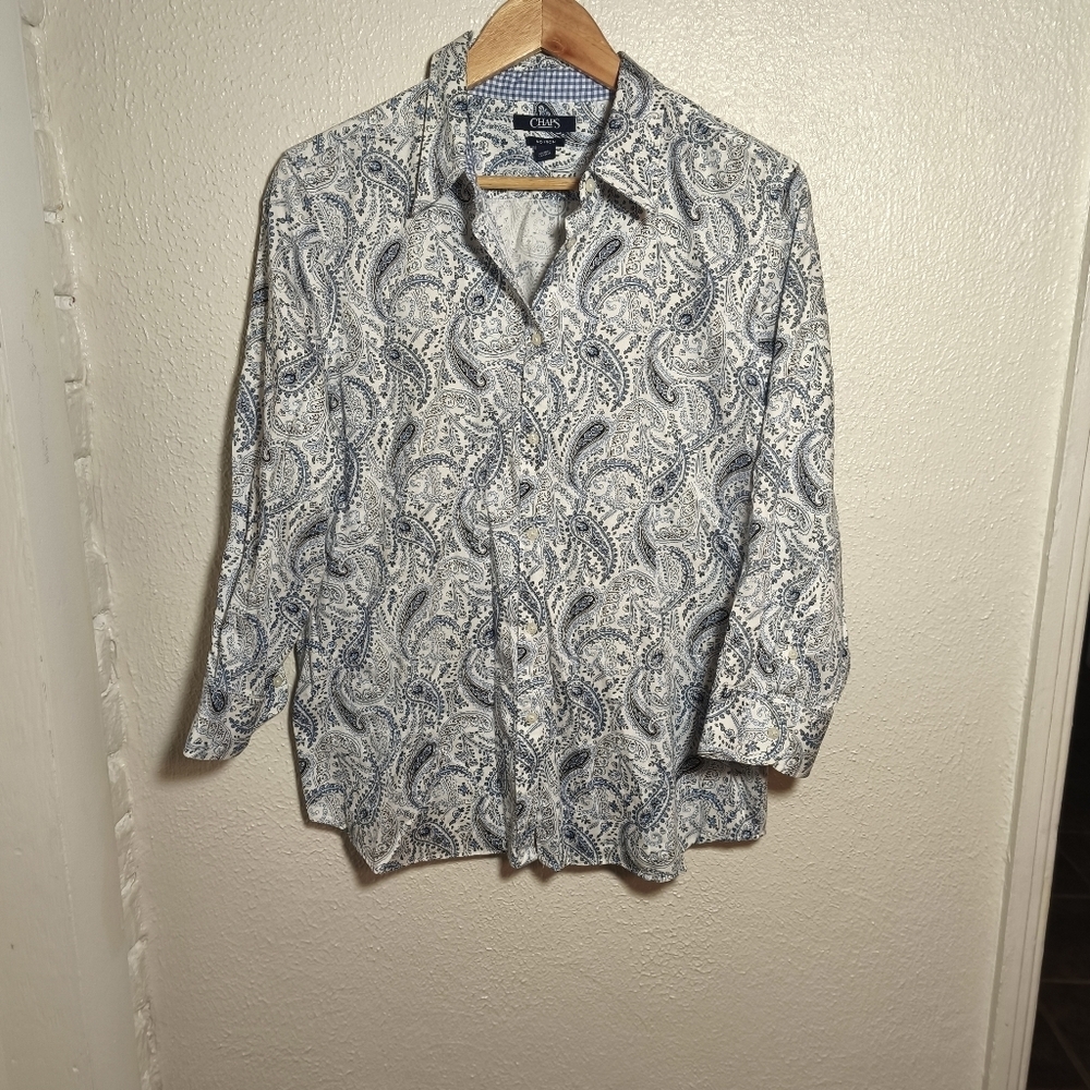 RL Chaps No-Iron Paisley Gingham Contrast Button Down Blouse sz XL Blue White